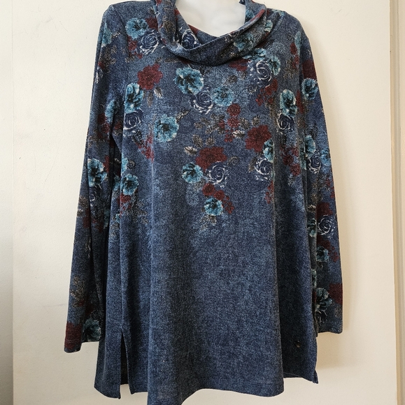 Northern Reflections Blue Floral Cowl Neck Tunic Top - Picture 1 of 7